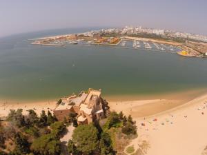 an aerial view of a beach with a resort and boats at Hotel Santa Catarina Algarve in Portimão