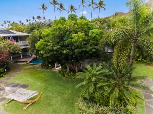 una vista aérea del patio trasero de una casa con palmeras en Lanikai Ohana Hale, en Kailua