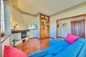 ein blaues Sofa mit rosa Kissen im Wohnzimmer in der Unterkunft Anita Lake Fitness Retreat - Happy Rentals in Gemonio