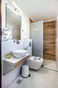 a bathroom with a sink and a toilet and a mirror at Apartments Ralitsa in Limenaria