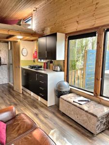 una cocina y sala de estar en una casa pequeña en Tiny House-Hot Tub-St Clears-Pembrokeshire-Tenby en Carmarthen