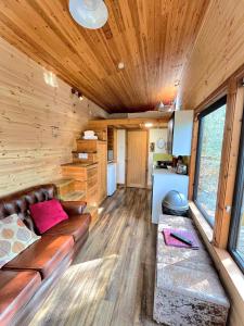 uma sala de estar com um sofá e paredes de madeira em Tiny House-Hot Tub-St Clears-Pembrokeshire-Tenby em Carmarthen