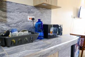 um balcão de cozinha com um lavatório e uma garrafa azul em Khalisee Homes Studio apartment em Voi