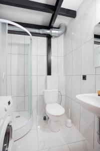 a white bathroom with a toilet and a sink at Respublikos LOFT Forentinn in Panevėžys