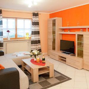 a living room with a couch and a television at Ferienwohnungen Renner in Viereth-Trunstadt