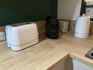 eine Theke mit einem Toaster und einem Toaster darauf in der Unterkunft LE SAINT CYP - Toulouse - appart entier cosy et au calme, proche du métro in Toulouse