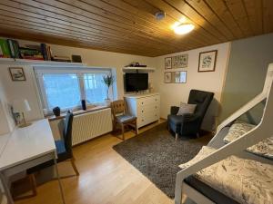 ein Wohnzimmer mit einem Bett, einem Schreibtisch und einem TV in der Unterkunft Kiwi Ferienwohnung in Bludenz