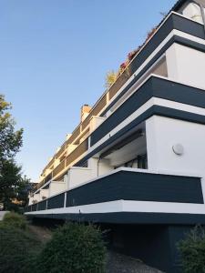 un edificio con rayas blancas y negras en Harzchalet Emma Braunlage en Braunlage