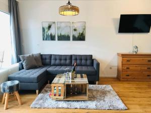 a living room with a blue couch and a coffee table at Harzchalet Emma Braunlage in Braunlage