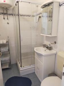 La salle de bains est pourvue d'une douche, d'un lavabo et de toilettes. dans l'établissement Apartments Ivna Bilek, à Opatija