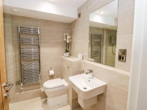 a bathroom with a toilet and a sink and a mirror at 2 Barn Cottages in Halifax +21 photos