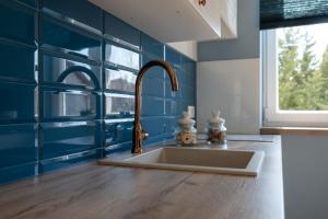 a kitchen with a sink and blue tiles at Apartments Pausa in Žminj