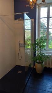 La salle de bains est pourvue d'une douche et d'une plante en pot. dans l'établissement LA LANDE, à Pleyber-Christ