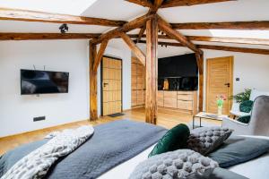 1 dormitorio con 1 cama grande y TV de pantalla plana en VIP Apartamenty en Rzeszów