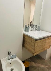 La salle de bains est pourvue d'un lavabo, d'un miroir et de toilettes. dans l'établissement Welcome Migliarina 2, à La Spezia