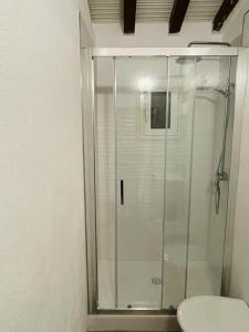 La salle de bains est pourvue d'une douche en verre et de toilettes. dans l'établissement Welcome Migliarina 2, à La Spezia