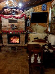 a living room with a fireplace and a tv at Rooms Poienita in Slănic-Moldova