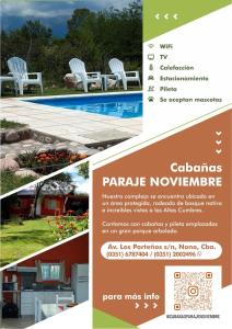un collage de fotos de un folleto con sillas y piscina en Cabañas Paraje Noviembre en Nono