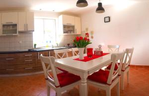 a kitchen with a white table with chairs and a red table cloth at Villa Antonija heated private pool, near Dubrovnik,8plus 2 p ideal for families and groups in Čilipi