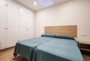 1 dormitorio con 1 cama con sábanas azules y armarios blancos en APARTAMENTOS SANLUCAR CASA B, en Sanlúcar de Barrameda