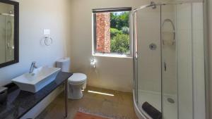 a bathroom with a shower and a sink and a toilet at Orangerie Guest House in Johannesburg