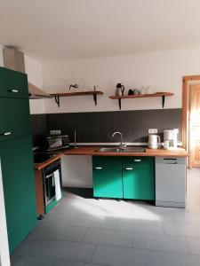 een keuken met groene kasten en een wastafel bij Ferienwohnung Mühlenbachhexe in Lingen