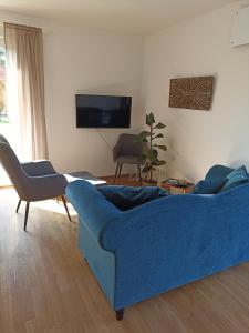 uma sala de estar com um sofá azul e uma televisão em Ferienwohnung Abendsonne em Horgenzell