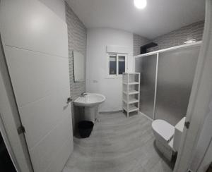 łazienka z umywalką, prysznicem i toaletą w obiekcie Apartamento mi currilla w mieście Sanlúcar de Barrameda +9 zdjęć
