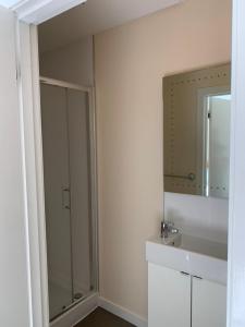 a bathroom with a shower and a sink and a mirror at Martyrs Bay Rooms in Iona
