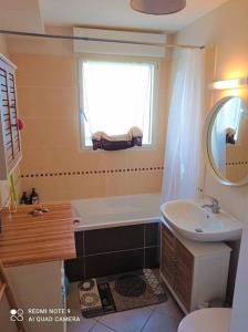 uma casa de banho com uma banheira, um lavatório e uma janela em Appartement proche plage em Saint-Nazaire
