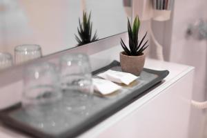 - un plateau avec des verres à vin et une plante sur un comptoir dans l'établissement Hotel Herrnbrod & Ständecke, à Dreieich
