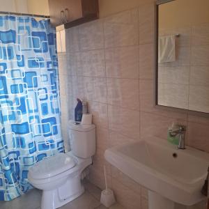 La salle de bains est pourvue de toilettes blanches et d'un lavabo. dans l'établissement Shiks Apartment retreat, à Nairobi