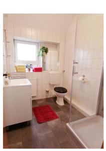 ein Bad mit einem WC, einem Waschbecken und einer Dusche in der Unterkunft Haus Sperbermühle in Hannover