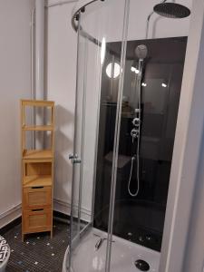 Le Polletにあるcharmant studio proche du centre de neuville les dieppeのバスルーム(ガラス張りのシャワー付)が備わります。