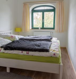 a bedroom with a bed with a window at Entspannen im Dorf am See in Zahren