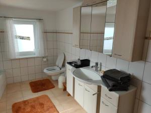 W łazience znajduje się umywalka, toaleta i lustro. w obiekcie zentrale & ruhige Ferienwohnung w mieście Mössingen