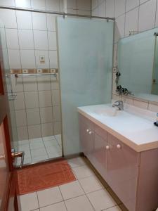 a bathroom with a shower and a sink and a mirror at Kamiyamato B&B in Guangfu