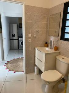 een badkamer met een toilet en een wastafel. bij L’aire sans soucis in Le Bois de Nèfles