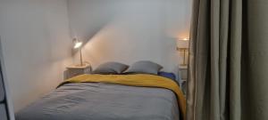 um quarto com uma cama com duas almofadas em Logement cosy centre Loches em Loches