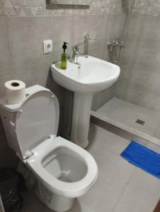 a bathroom with a white toilet and a sink at Hotel Vardzia K A L A in Aspindza