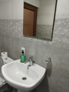 ein Badezimmer mit einem Waschbecken, einem Spiegel und einem WC in der Unterkunft Hotel Vardzia K A L A in Aspindza