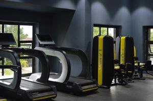 a gym with rows of treadmills and seats at Palm Kalash Hotel in Lusaka