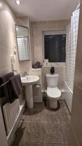 a bathroom with a toilet and a sink and a window at Home in Medway 3bedroom free sports channel, parking in Chatham