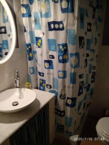 Un baño con lavabo y cortina de ducha. en Casa vacanza in Casale vicino Orvieto, en Ficulle