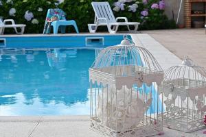 two birds in cages next to a swimming pool at Casinhas Escondidinho 