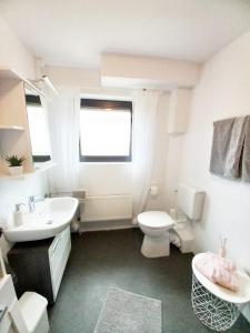 a white bathroom with a toilet and a sink at Tauchparadies Kreidesee in Hemmoor