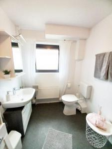 a white bathroom with a toilet and a sink at Tauchparadies Kreidesee in Hemmoor +20 photos