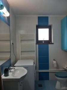La salle de bains est pourvue d'un lavabo, de toilettes et d'une fenêtre. dans l'établissement Căsuța din Deal, à Tîrgu Neamţ