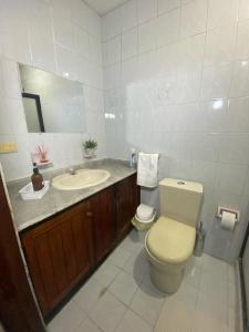 uma casa de banho com um WC, um lavatório e um espelho. em Apartamento cerca al aeropuerto em Cartagena de Indias