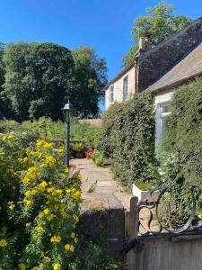 un jardín con un banco junto a una casa en Charming, rustic & well equipped garden cottage en Alyth